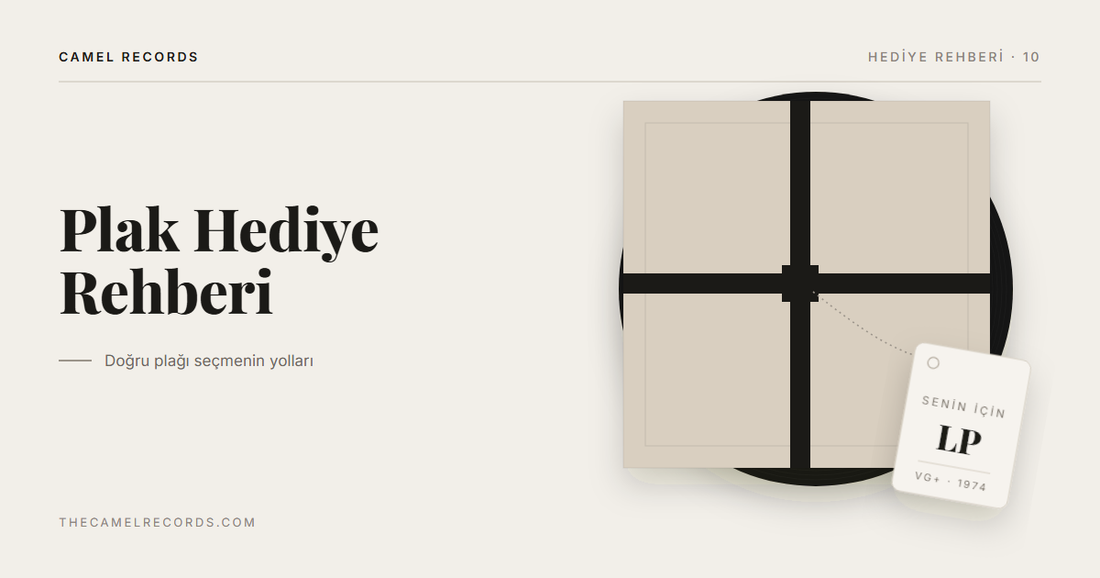 Kurdeleyle bağlanmış bir plak kapağı ve üzerinde 'Senin için' yazan hediye etiketi