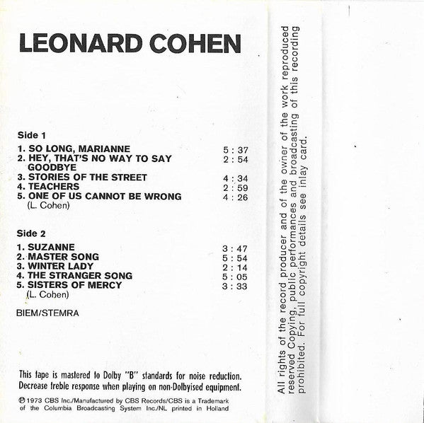 Leonard Cohen : Songs Of Leonard Cohen (Cass, Album)