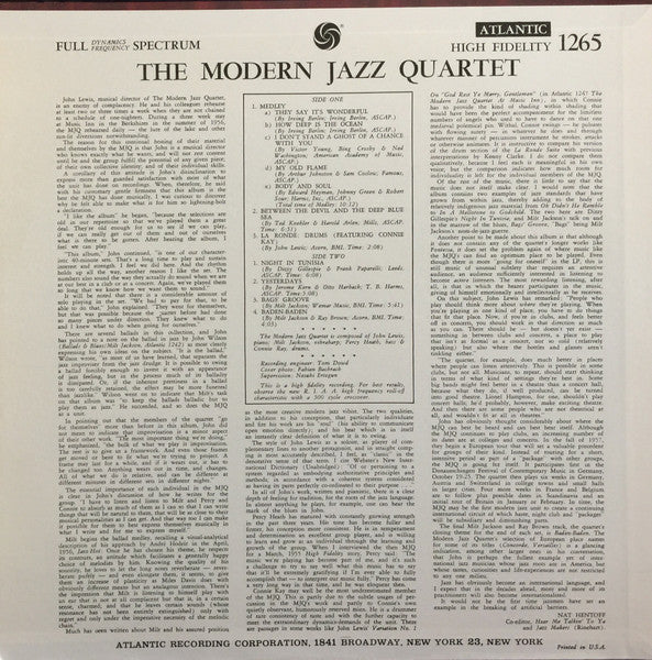 The Modern Jazz Quartet : The Modern Jazz Quartet (LP, Album, RP, MO)