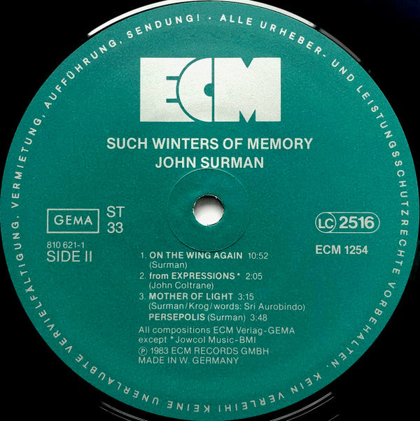 John Surman, Karin Krog, Pierre Favre : Such Winters Of Memory (LP, Album)