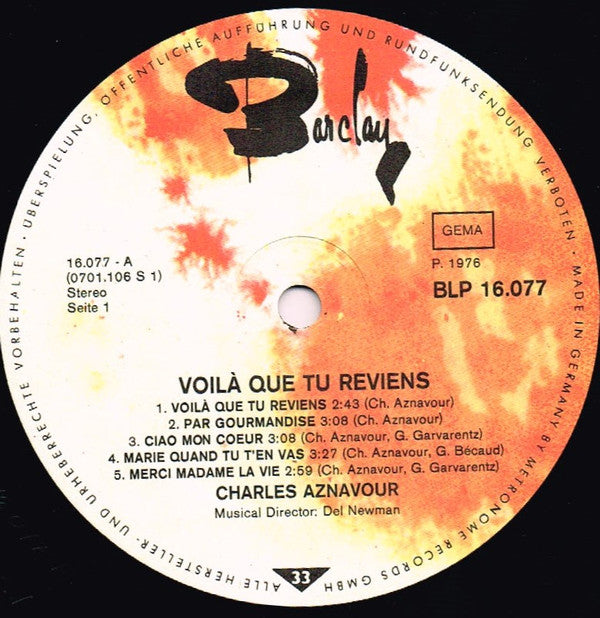 Charles Aznavour : Voilà Que Tu Reviens (LP, Album)