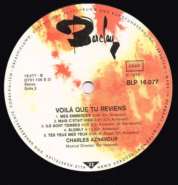 Charles Aznavour : Voilà Que Tu Reviens (LP, Album)