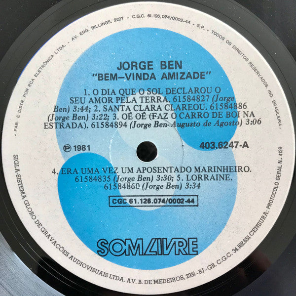 Jorge Ben : Bem-Vinda Amizade (LP, Album)