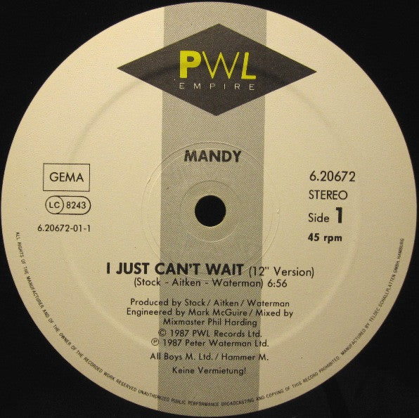 Mandy Smith : I Just Can't Wait (12", Maxi)