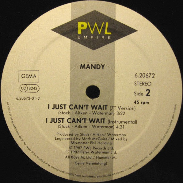 Mandy Smith : I Just Can't Wait (12", Maxi)