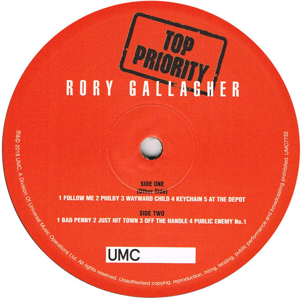 Rory Gallagher : Top Priority (LP, Album, RE, RM, 180)
