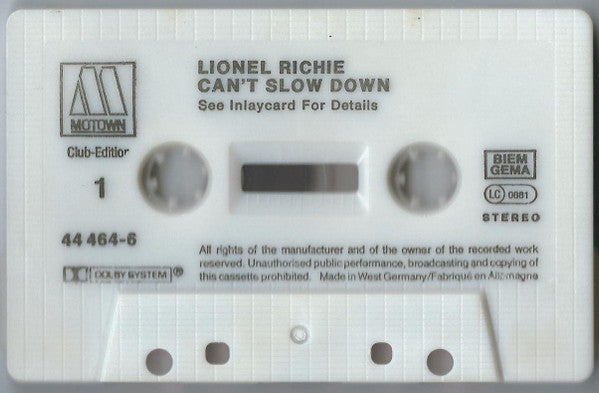 Lionel Richie : Can't Slow Down (Cass, Album, Club)