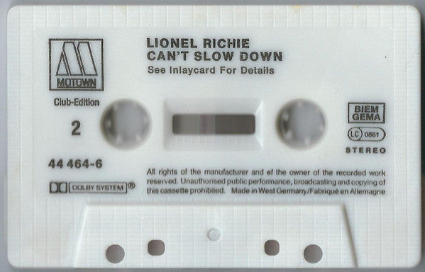 Lionel Richie : Can't Slow Down (Cass, Album, Club)