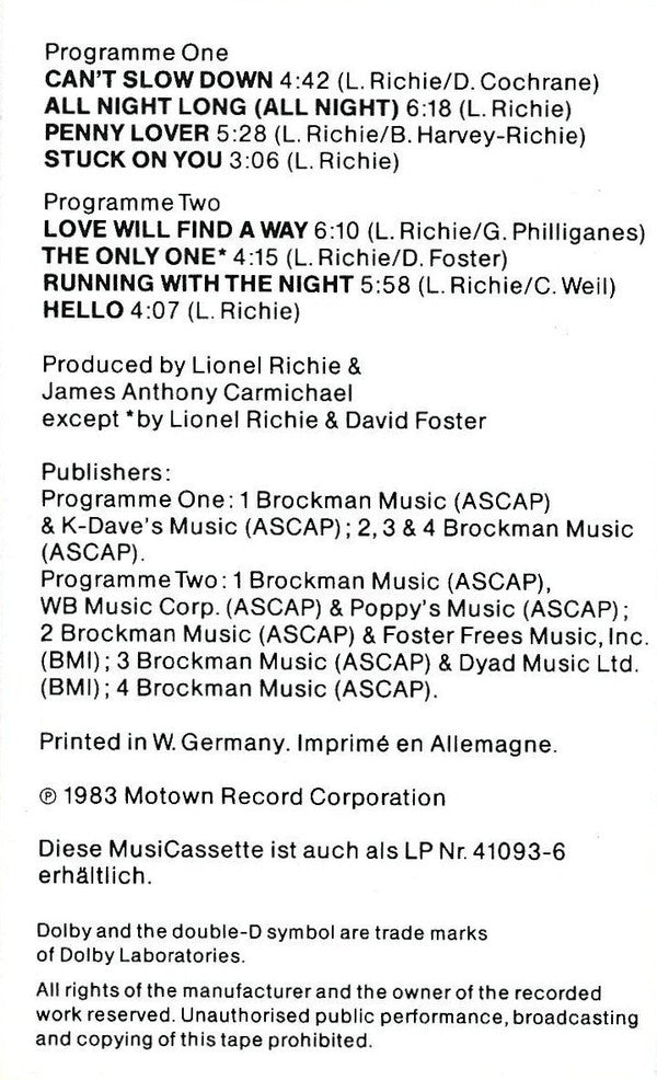 Lionel Richie : Can't Slow Down (Cass, Album, Club)