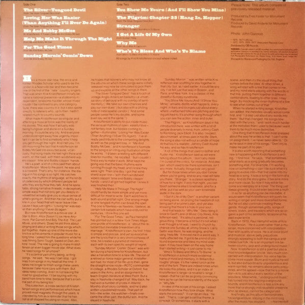 Kris Kristofferson : Songs Of Kristofferson (LP, Album, Comp)