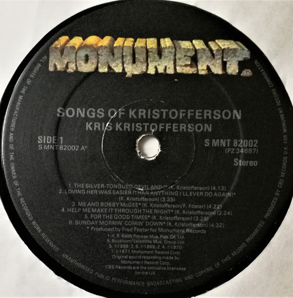 Kris Kristofferson : Songs Of Kristofferson (LP, Album, Comp)