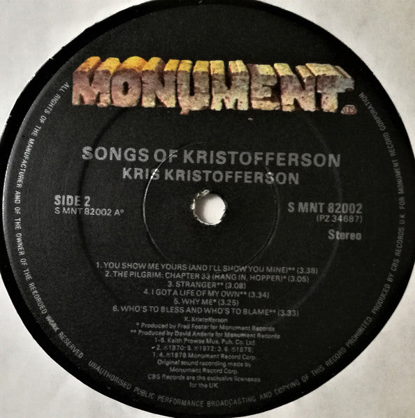 Kris Kristofferson : Songs Of Kristofferson (LP, Album, Comp)