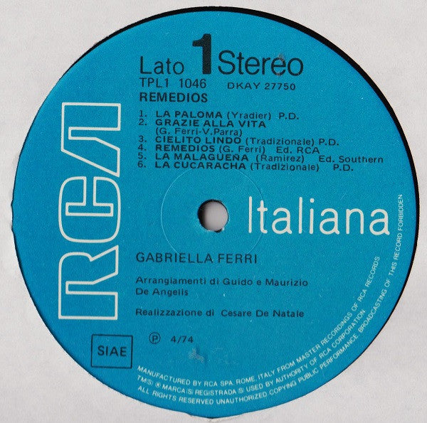 Gabriella Ferri : Remedios (LP, Album)