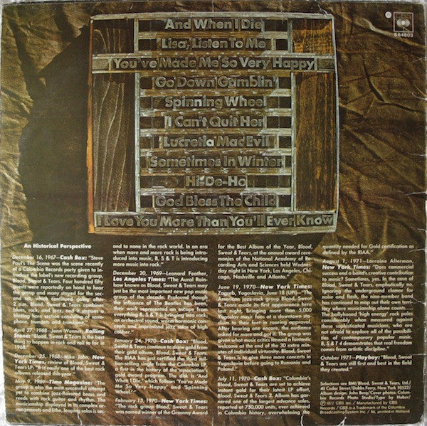 Blood, Sweat And Tears : Blood, Sweat & Tears Greatest Hits (LP, Comp)