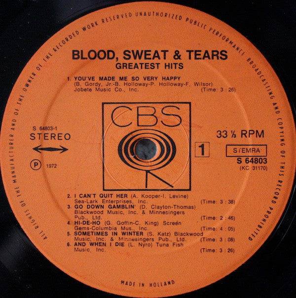Blood, Sweat And Tears : Blood, Sweat & Tears Greatest Hits (LP, Comp)
