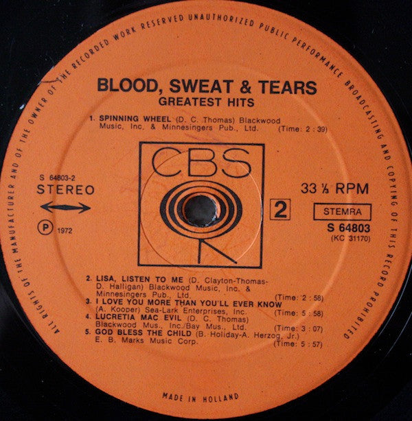Blood, Sweat And Tears : Blood, Sweat & Tears Greatest Hits (LP, Comp)