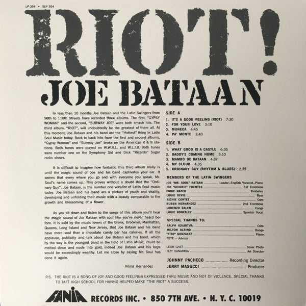 Joe Bataan : Riot! (LP, Album, RE)