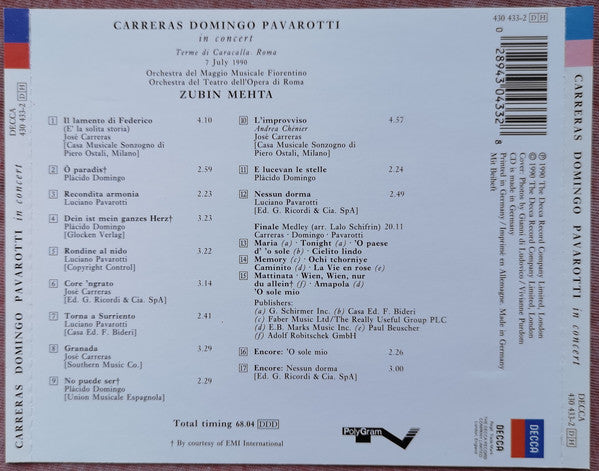 José Carreras, Placido Domingo, Luciano Pavarotti In Concert Zubin Mehta : Carreras Domingo Pavarotti - In Concert (With Zubin Mehta) (CD, Album)