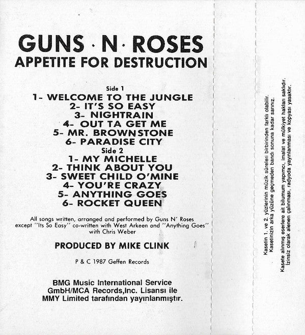 Guns N' Roses : Appetite For Destruction (Cass, Album, RE)