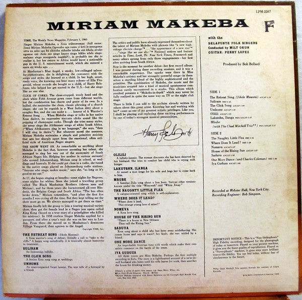 Miriam Makeba : Miriam Makeba (LP, Album, Mono)