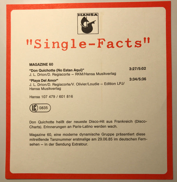 Magazine 60 : Don Quichotte (D.J. / U.S. Special Remix) (12", Maxi)