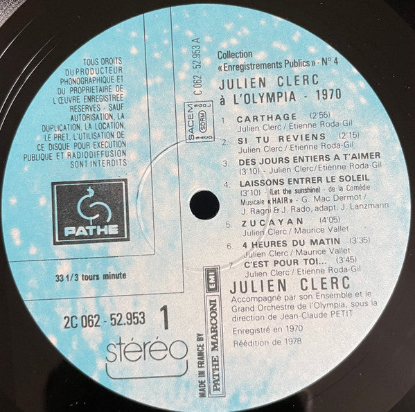Julien Clerc : Olympia · 1970 (LP, Album, RE)