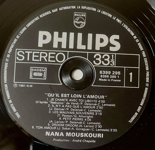 Nana Mouskouri : Qu'il Est Loin L'amour (LP, Album, Gat)