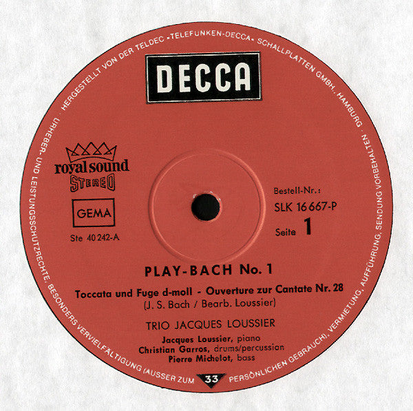 Jacques Loussier / Christian Garros / Pierre Michelot : Play Bach No.1 (LP)