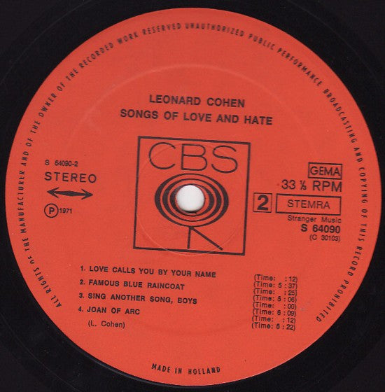 Leonard Cohen : Songs Of Love And Hate (LP, Album)