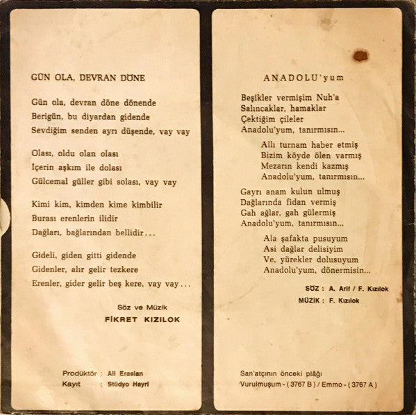 Fikret Kızılok : Gün Ola, Devran Döne / Anadolu'yum (7", Single)