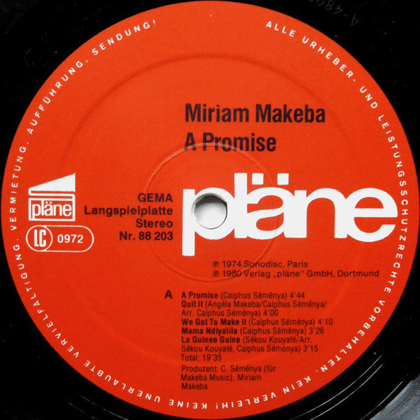 Miriam Makeba : A Promise (LP, Album, RE)
