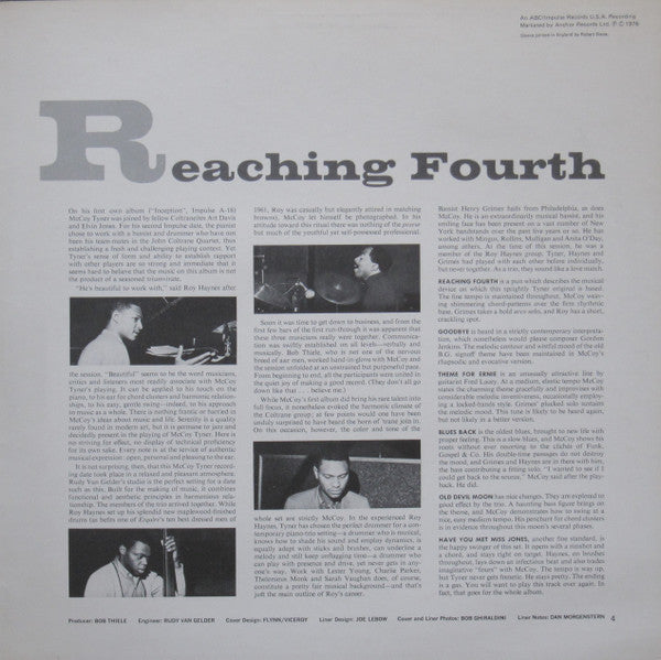 McCoy Tyner Trio With Roy Haynes And Henry Grimes : Reaching Fourth (LP, Album, RE, Gat)