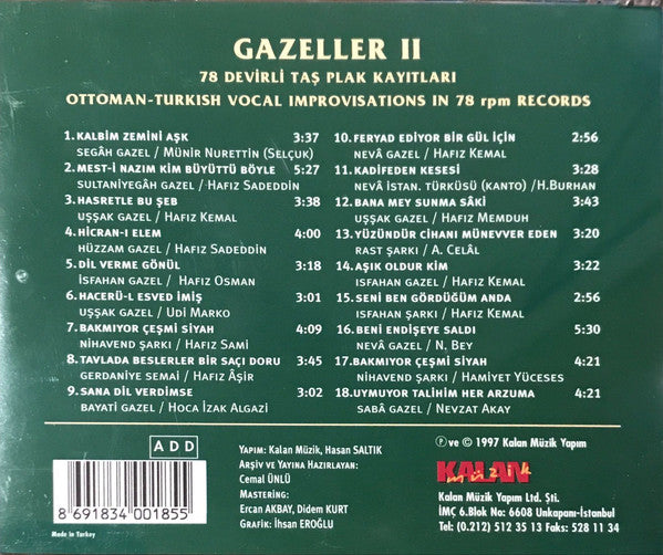 Various : Gazeller II (78 Devirli Taş Plak Kayıtları) = Ottoman-Turkish Vocal Improvisations (In 78 Rpm Records) (CD, Comp)