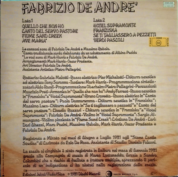 Fabrizio De André : Fabrizio De Andre' (LP, Album)