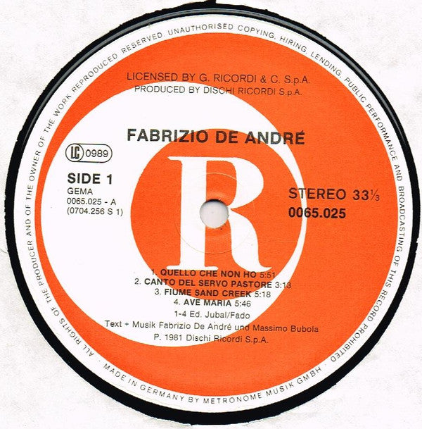 Fabrizio De André : Fabrizio De Andre' (LP, Album)