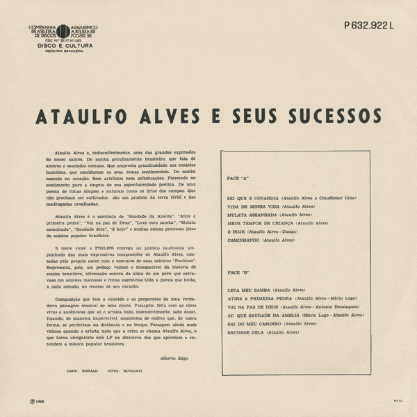 Ataulfo Alves : Ataulfo Alves E Seus Sucessos (LP, Comp, Mono, RE)