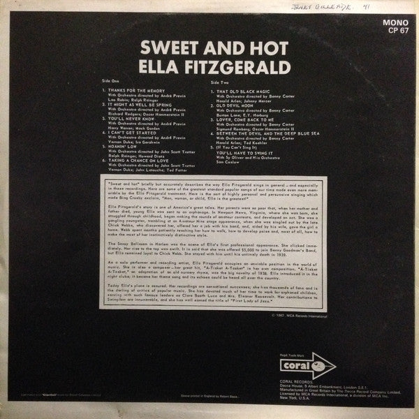 Ella Fitzgerald : Sweet And Hot (LP, Album, Mono)