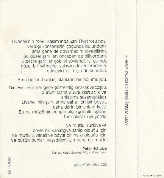 Zülfü Livaneli : İstanbul Konseri (Cass, Album, RE)