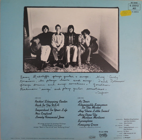 Jonathan Richman & The Modern Lovers : Jonathan Richman & The Modern Lovers (LP, Album)