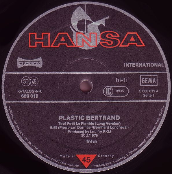 Plastic Bertrand : Tout Petit La Planète (12")