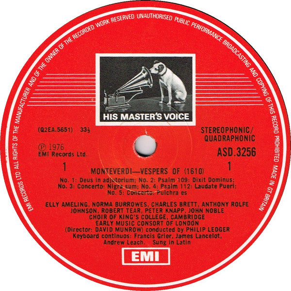 Claudio Monteverdi - Elly Ameling / Norma Burrowes / Robert Tear / Anthony Rolfe Johnson / Charles Brett / John Noble / Peter Knapp (2) / The Early Music Consort Of London Directed By David Munrow / The King's College Choir Of Cambridge / Philip Ledger : Vespers (1610) - (Vespro Della Beata Vergine) (2xLP, Quad, Box)