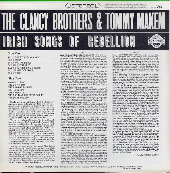The Clancy Brothers & Tommy Makem : Irish Songs Of Rebellion (LP, Album, RE)