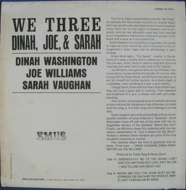 Dinah Washington, Joe Williams & Sarah Vaughan : We Three (LP, Album)