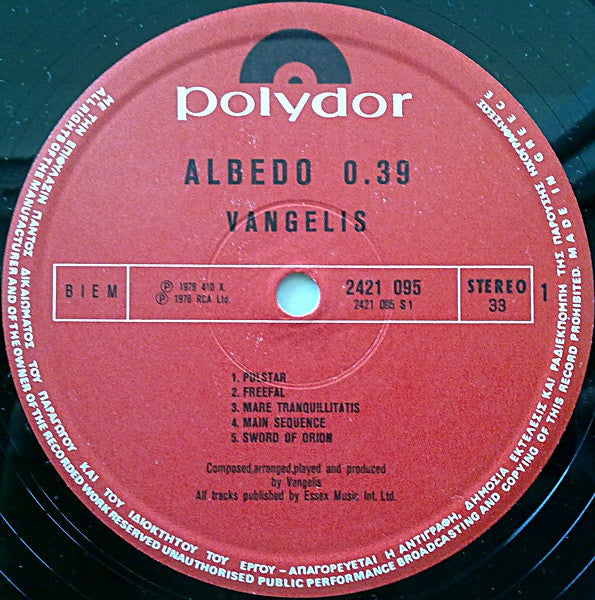 Vangelis : Albedo 0.39 (LP, Album, Gat)