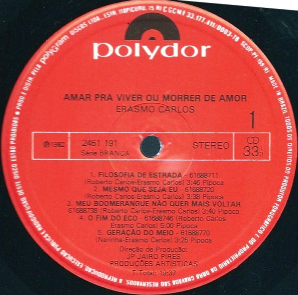 Erasmo Carlos : Amar Pra Viver, Ou Morrer De Amor (LP, Album)