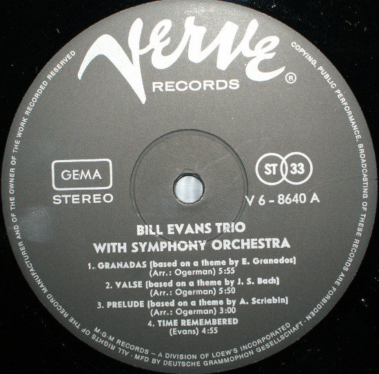The Bill Evans Trio : Bill Evans Trio With Symphony Orchestra (LP, Album)