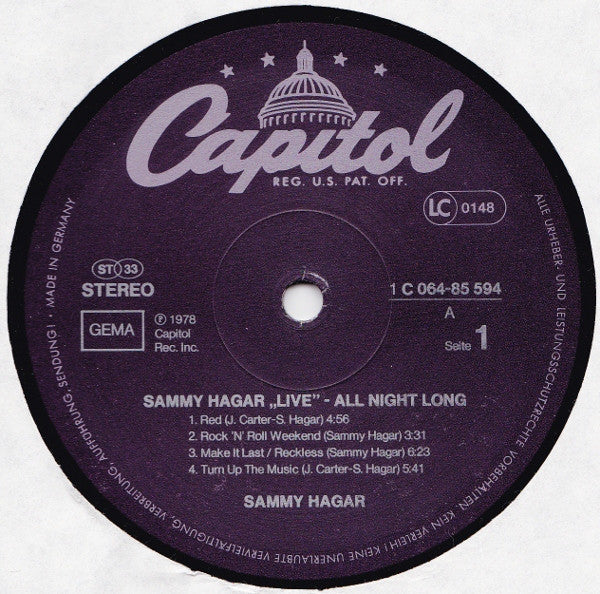 Sammy Hagar : All Night Long (LP, Album, Gat)