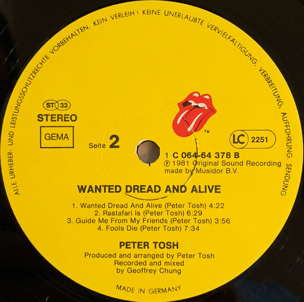 Peter Tosh : Wanted Dread & Alive (LP, Album)