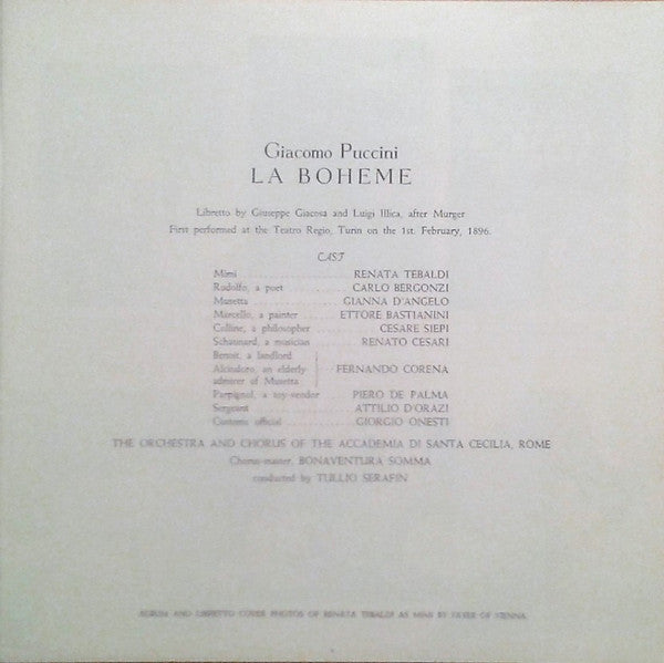 Giacomo Puccini / Renata Tebaldi, Carlo Bergonzi, Ettore Bastianini, Cesare Siepi, Fernando Corena, Tullio Serafin : La Boheme (2xLP, Album)