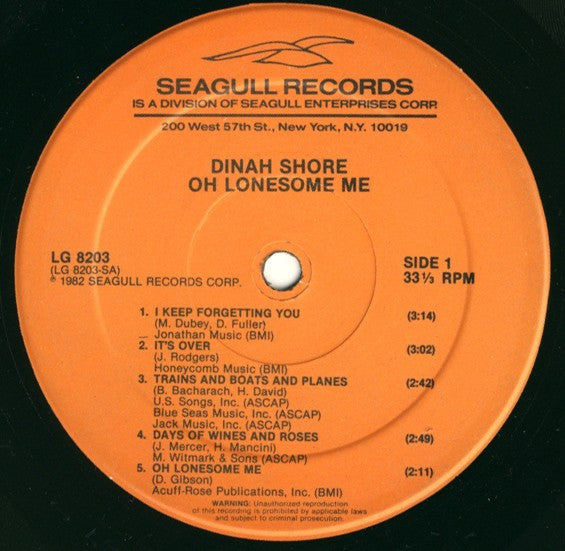 Dinah Shore : Oh Lonesome Me (LP, RE)